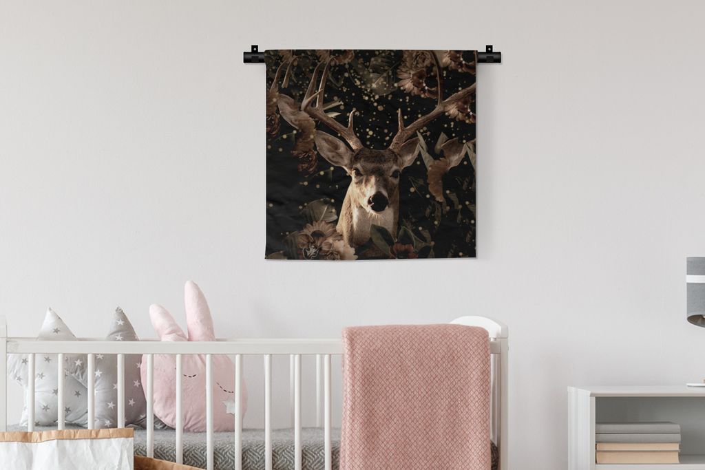 MuchoWow Wandteppich Wandbehang Hirsche - Blumen - Licht - Botanisch 60x60 cm Tapisserie Dekoration Wandtuch - Dekorationen - Wand Decke