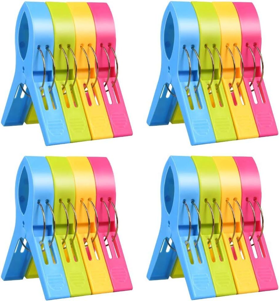 Four sets of colorful plastic clothespins arranged in a grid.