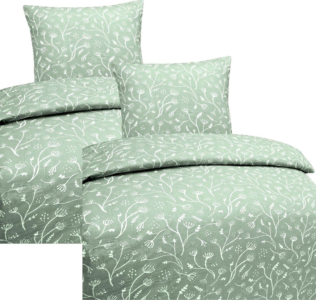 Hochwertige Baumwolle Bettwäsche Blumen Grün Weiß 135x200 Produktbild 