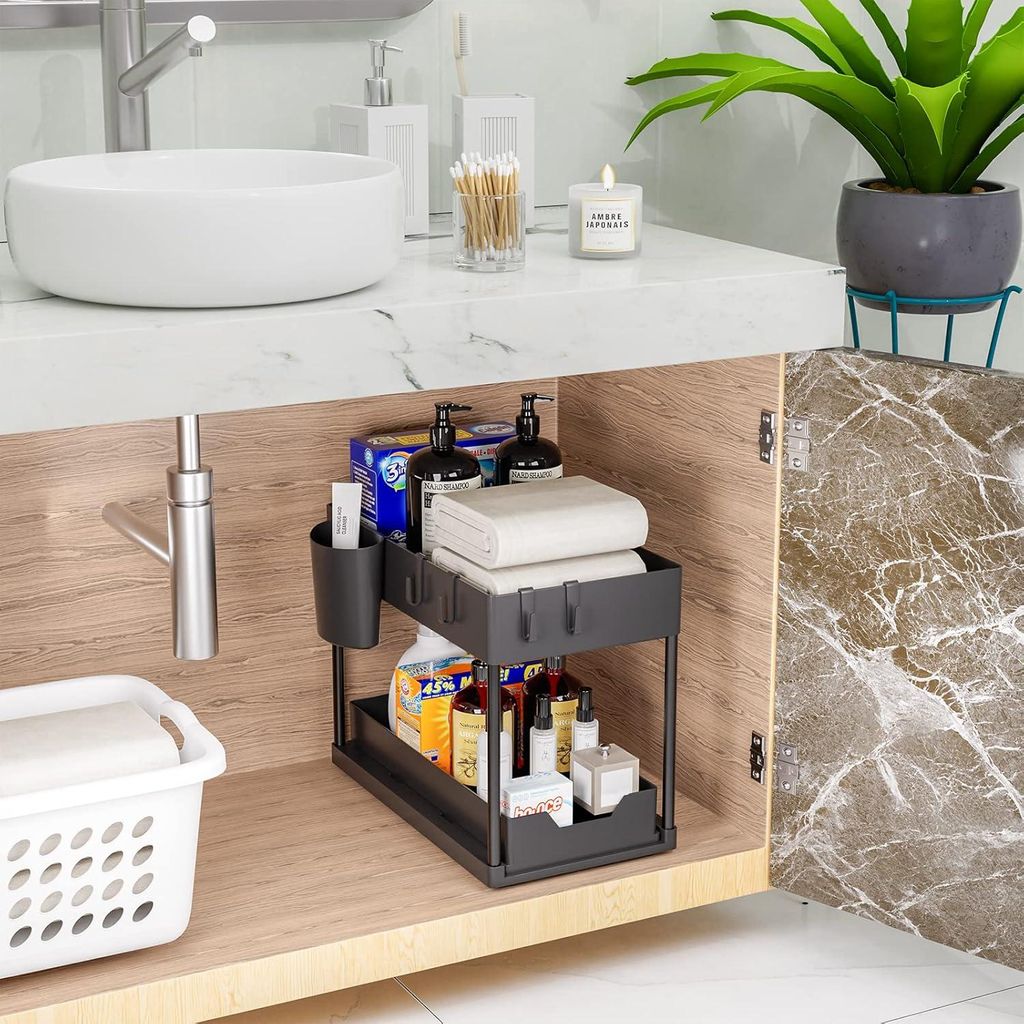 Unter Waschbecken Regal, 2 Etagen Standregal, Küchen Organizer Mit Schiebeschublade, 2 Set Spülschrank Organizer, Mit 8 Haken und 2 Tasse, Mehrfu...