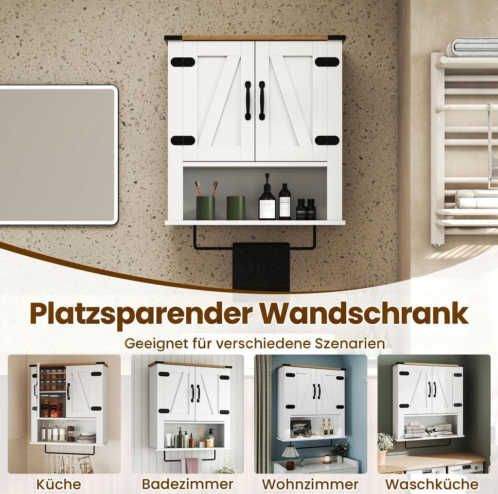 COSTWAY Armoire Murale Salle De Bain 2 Portes Blanche - Meuble Rangement Avec Porte-Serviettes