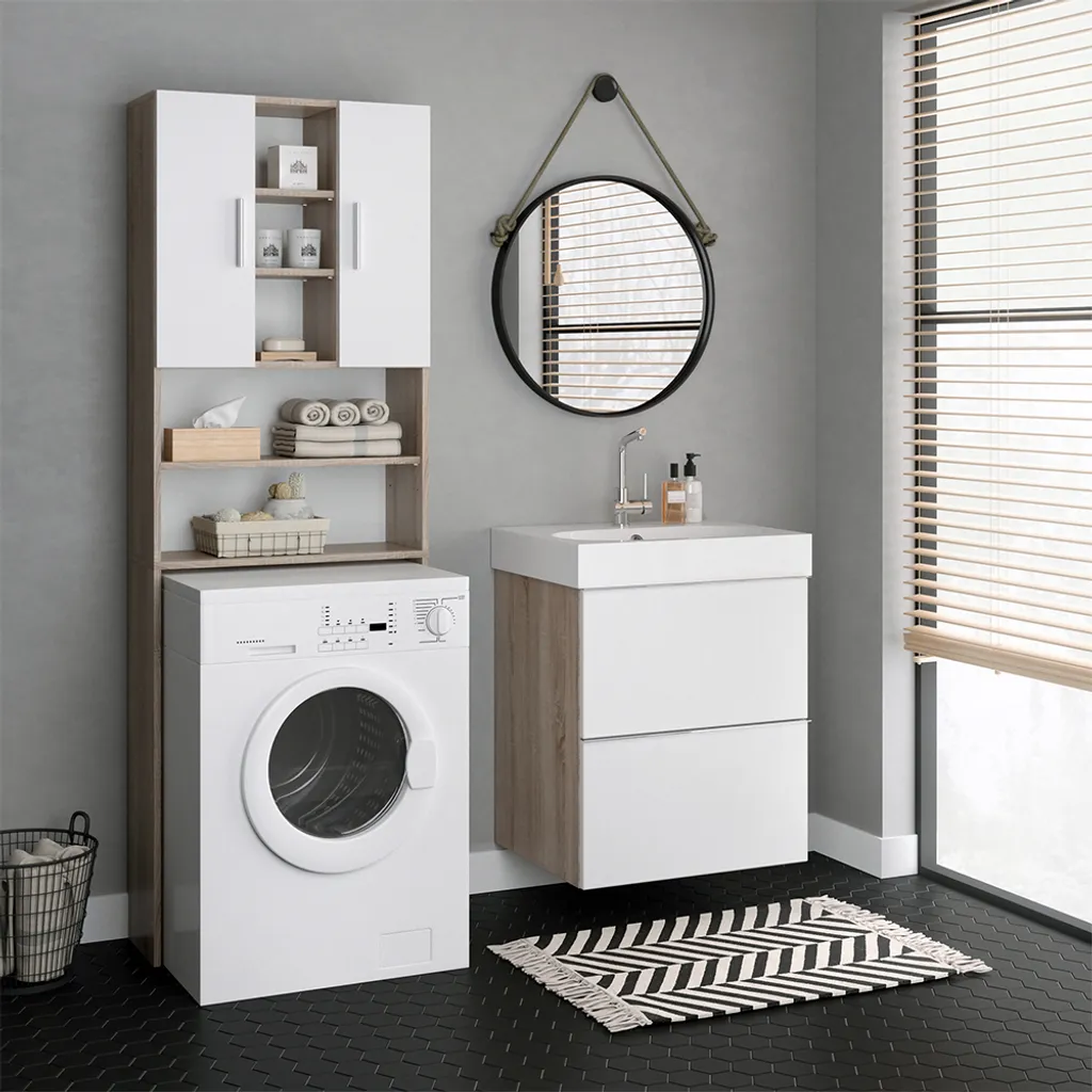 VCM Mobile Da Incasso Per Lavatrice In Legno, Con Ante E Ripiani, 64x190x25 Cm, Rovere Bianco/Miele, Armadio Multiuso Per Bagno E Lavanderia