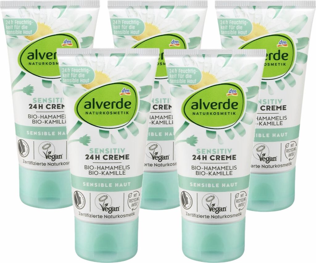 5 x alverde Naturkosmetik - Gesichtscreme Bio-Hamamelis & Bio-Kamille Sensitiv 24h (5 x 50 ml)
