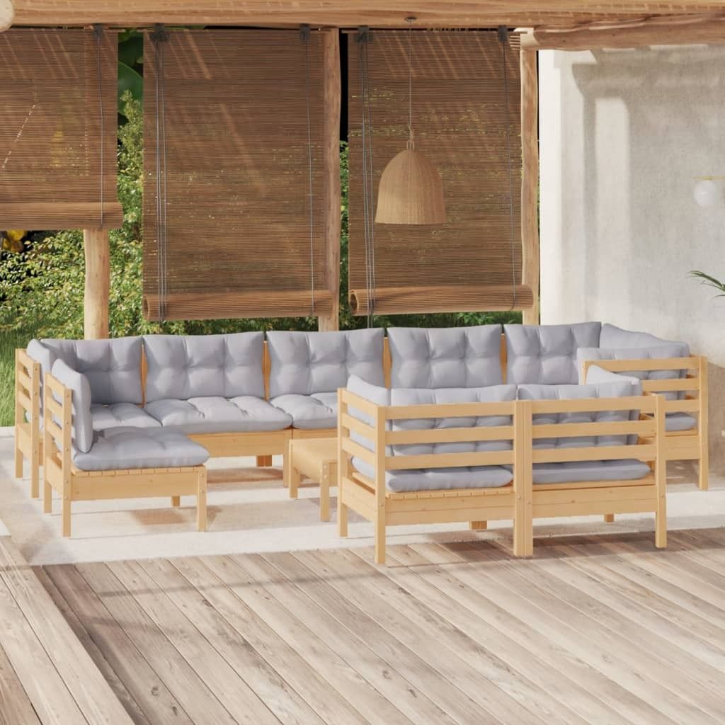 The Living Store 10-tlg. Garten-Lounge-Set mit Grauen Kissen Kiefer Massivholz