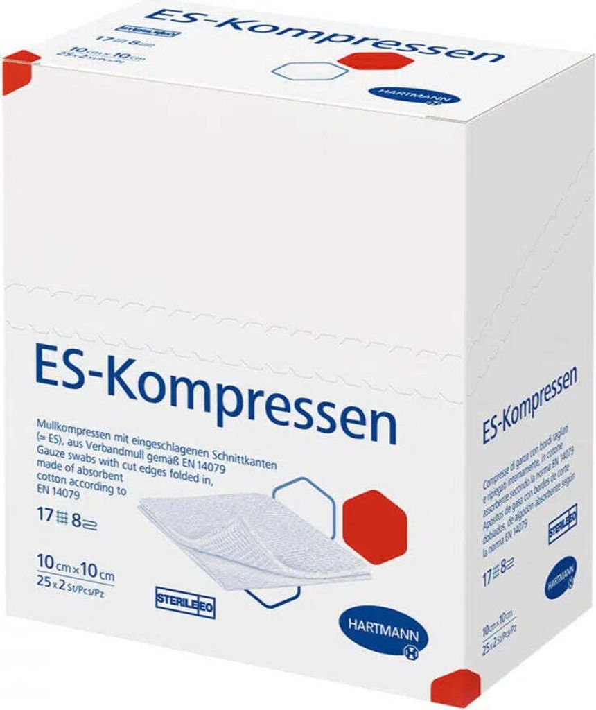 A product shot of a box of HARTMANN ES-Kompressen sterile gauze swabs.