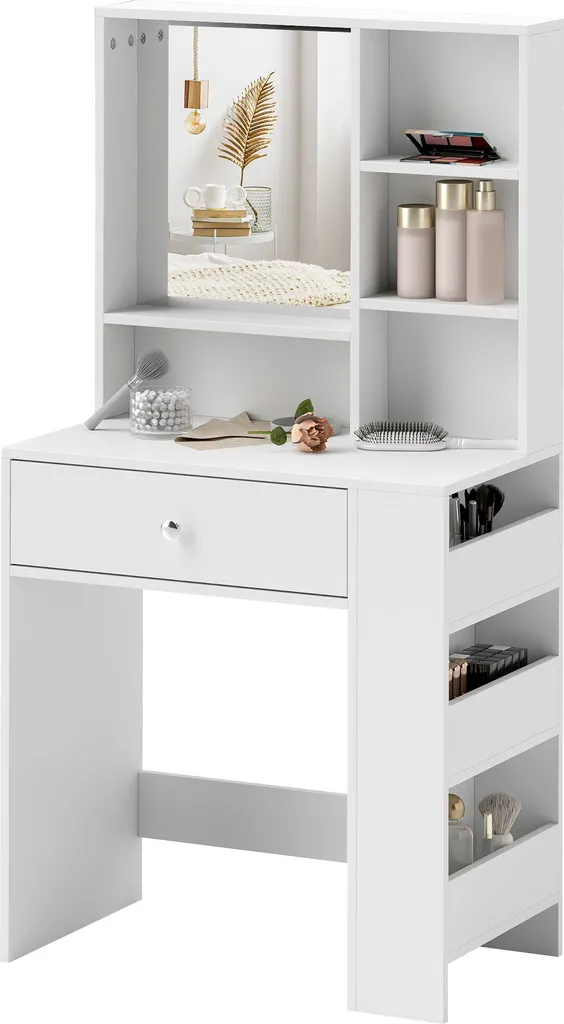 Table de Maquillage Blanche avec Miroir et Étagères de Rangement Chic