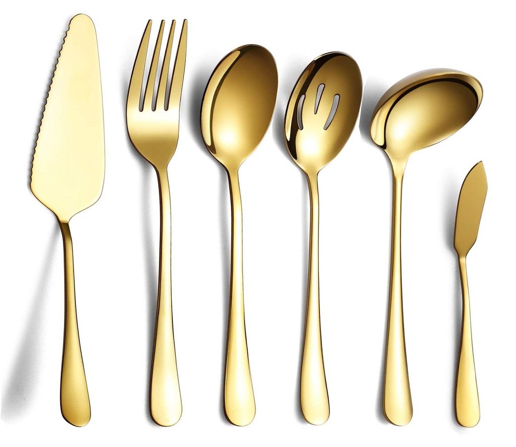 6-teiliges vergoldetes Besteckset, Servierbesteck aus Edelstahl, Tortenheber, Servierlöffel mit Schlitzen, Servierlöffel, Fleischgabel, Buttermes...