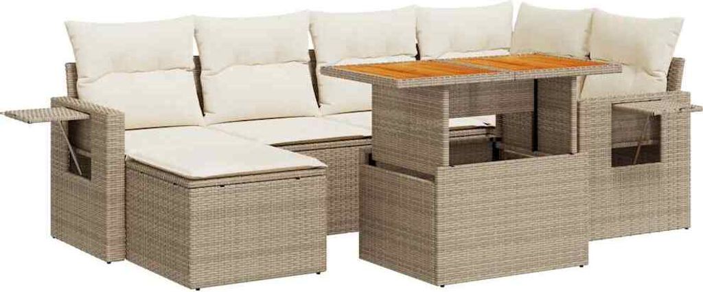 vidaXL 7-tlg. Garten-Sofagarnitur mit Kissen Beige Poly Rattan