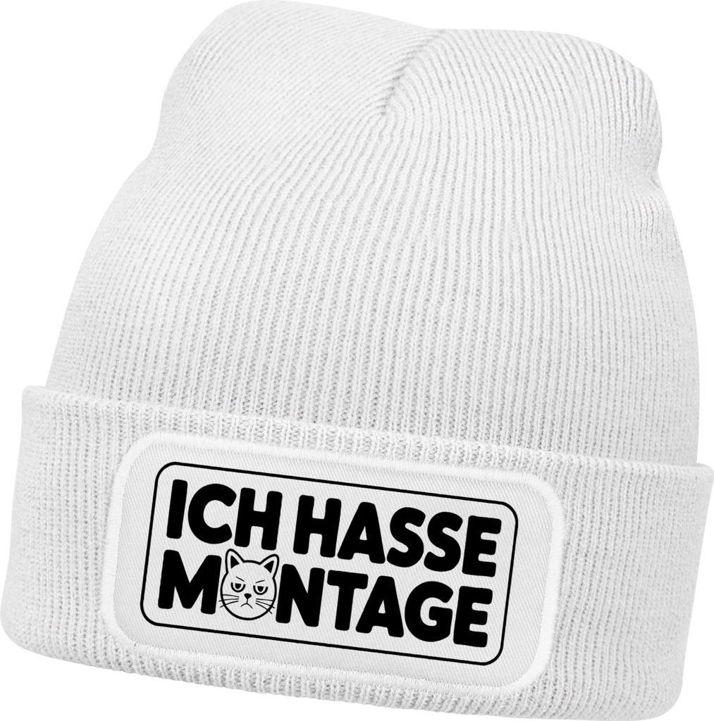 Herren Beanie bedruckt Spruch Ich hasse Montage Patch Strickmütze Aufdruck Lustig Mütze Männer Moonworks