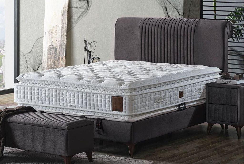 Casa Padrino Luxus Doppelbett Grau / Weiß / Dunkelbraun 180 x 200 cm - Massivholz Bett mit Kopfteil und Matratze - Schlafzimmer Möbel - Hotel Mö...