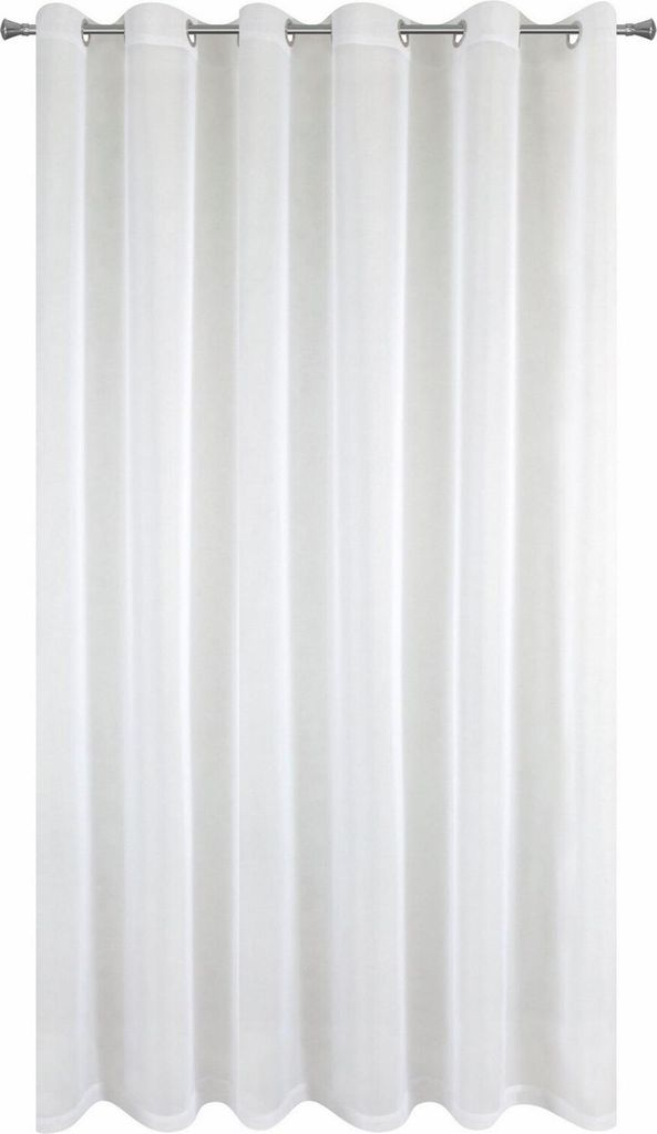 A white curtain hanging from a curtain rod.
