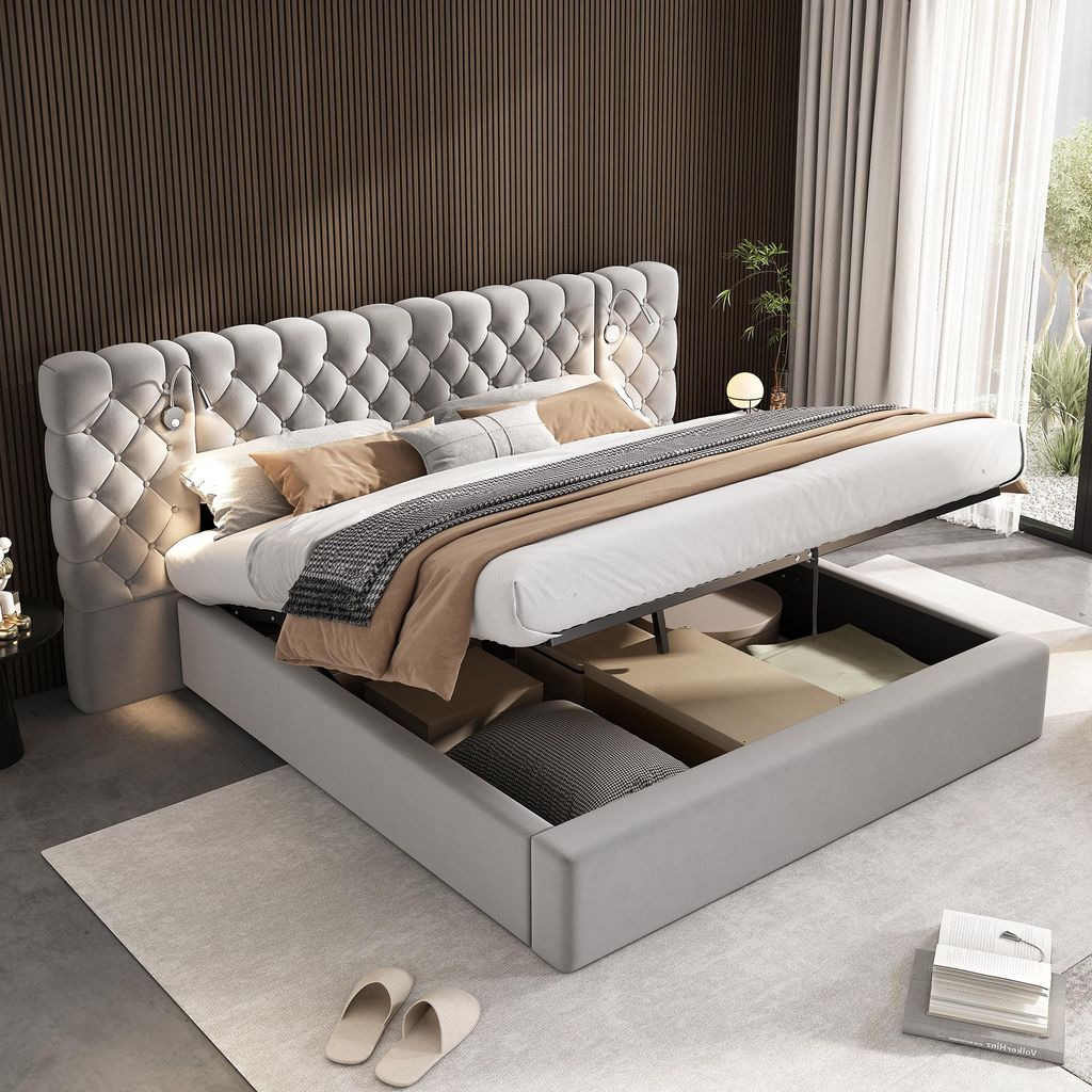 okwish Polsterbett,Hydraulisches Bett,180 x 200 cm, Stauraumbett,Doppelbett,LED-Beleuchtung,weich breit Kopfteil,mit Lampemit Beleuchtung und Staur...