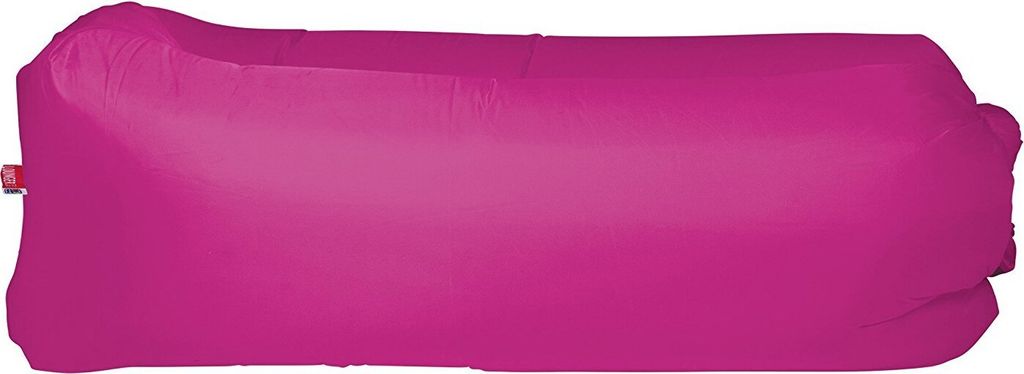 A pink inflatable lounger is shown against a white background.