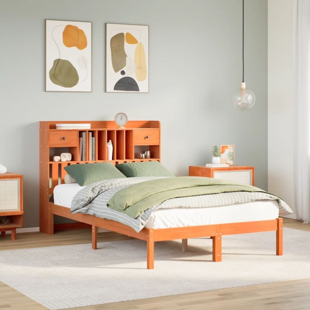 Maison Exclusive - Massivholzbett mit Regal ohne Matratze Wachsbraun 135x190 cm