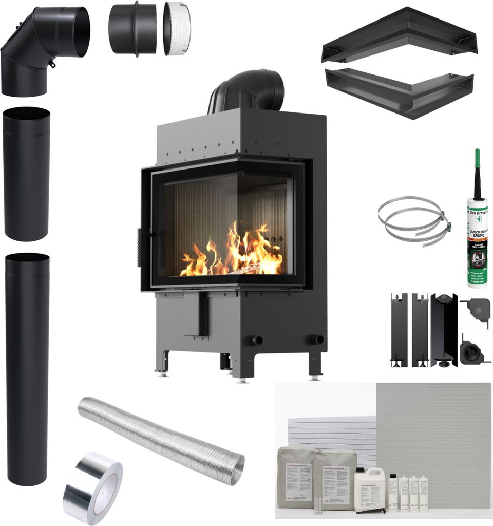 KRATKI LUCY rechts Kamineinsatz 12 kW Durchmesser 200 BLACK Einbausatz