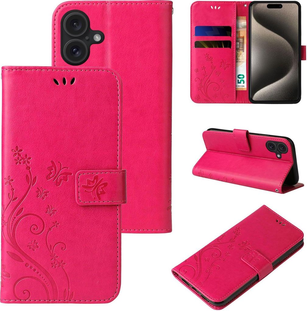 Handyhülle für Apple iPhone 16 Floral Blumen Schmetterling Flip Cover Hülle Case Klapphülle Handytasche Farbe: Pink