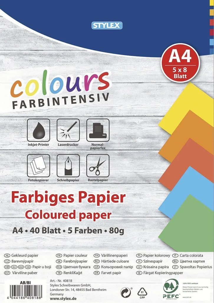 Papier A4 assorti 80g STYLEX 40818 - Lot de 40 feuilles multicolores