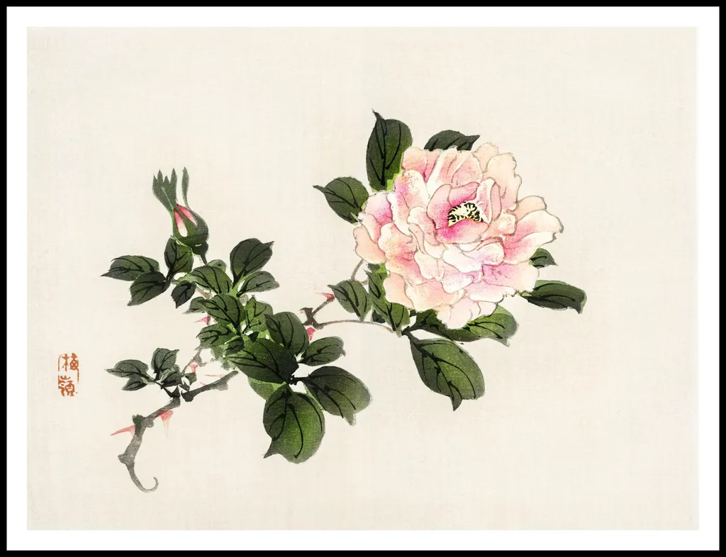 Quadro Giapponese Vintage Pink Rose 2 Kōno Bairei 100x75 per Salotto