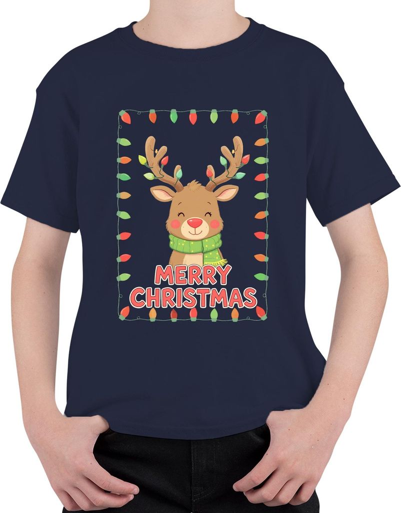 Merry Christmas Rentier Lichterkette Niedlich Kinder Geschenk Uni Kinder T-Shirt, Navy, 140