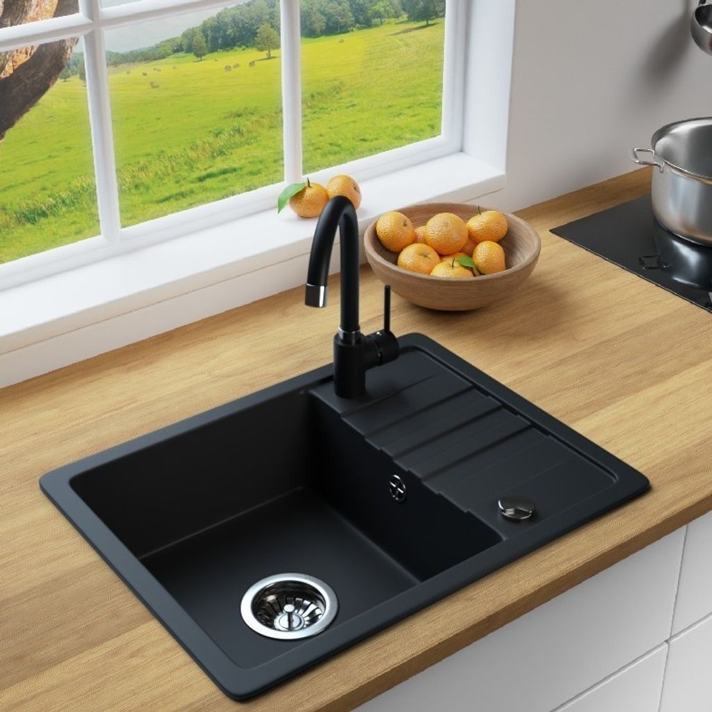 MIT ARMATUR - Rein Schwarz LINDBERGH Antibakterielle Granit Spüle "SEZ44" + "1-Galo" Einbauspüle Küchenspüle Spülbecken
