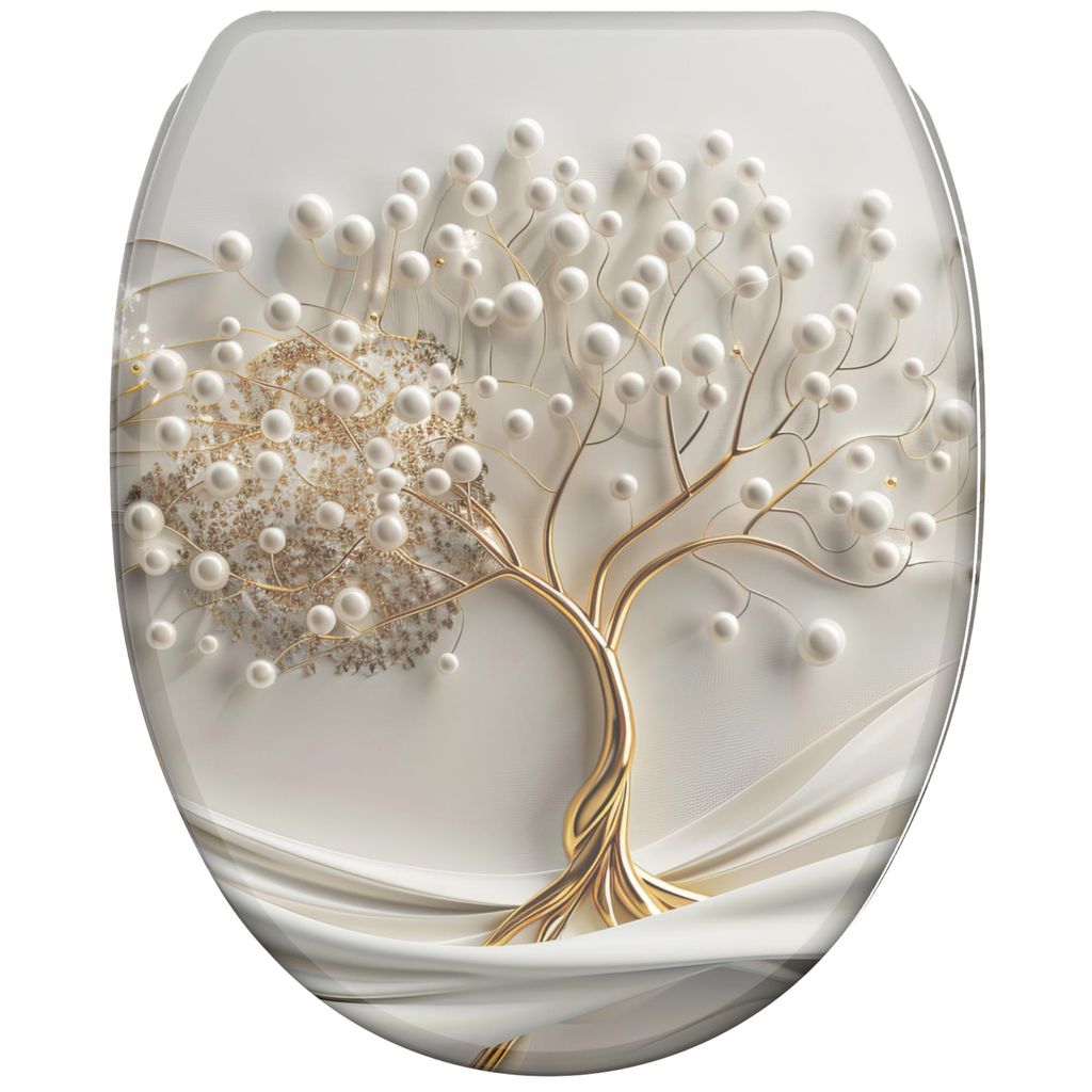A toilet seat lid with a decorative design of a golden tree with white pearl-like embellishments.