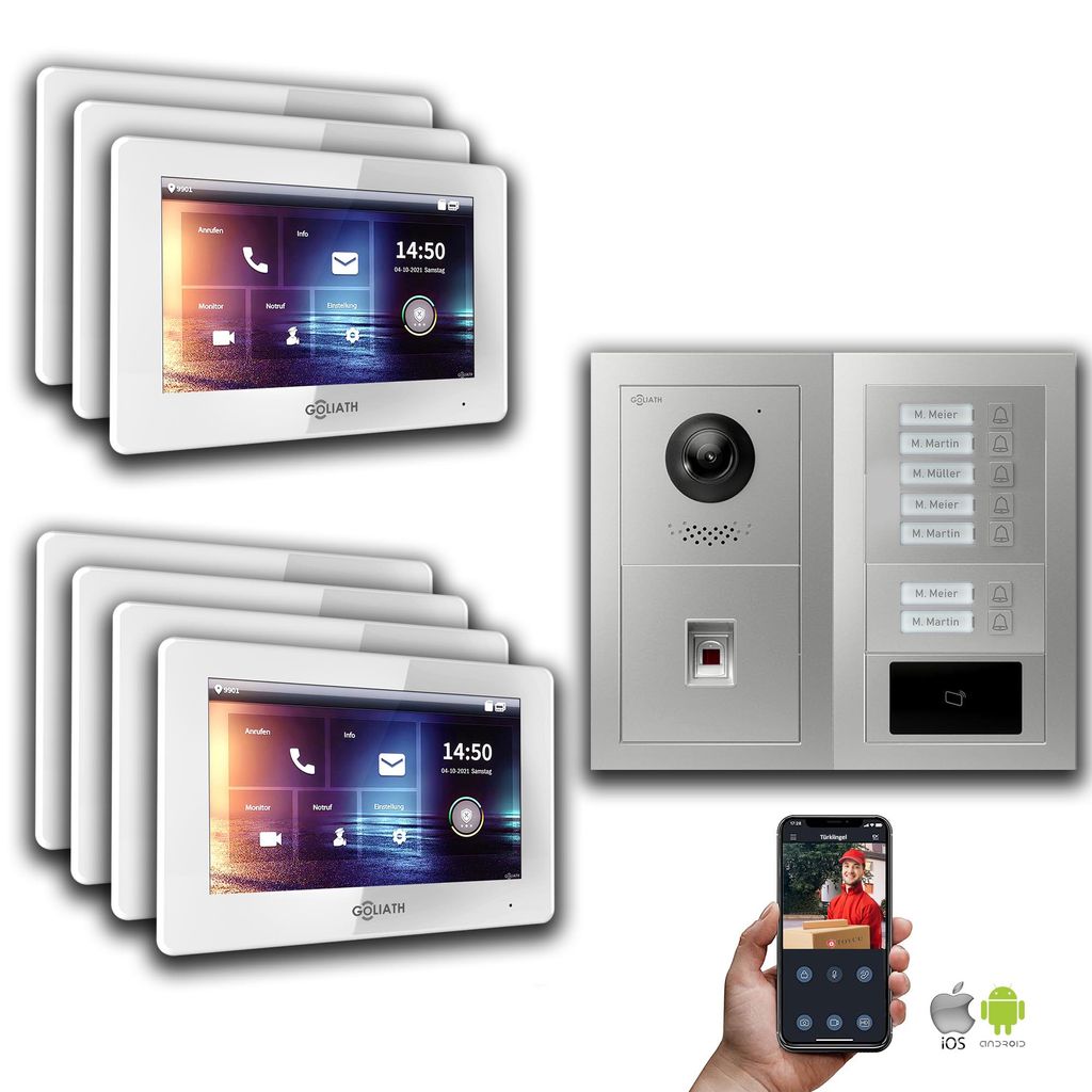 Goliath 2-Draht BUS Video Türsprechanlage: 7 Familienhaus, Fingerprint, RFID, Silber : Aufputzdose : 7 Zoll in Weiß Monitor Auswahl: 7 Zoll in We...