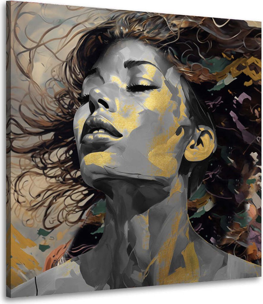Abstrakt Frau modern mit goldenen Akzenten Leinwandbild Wandbild XL Wanddeko: 80x80x2cm
