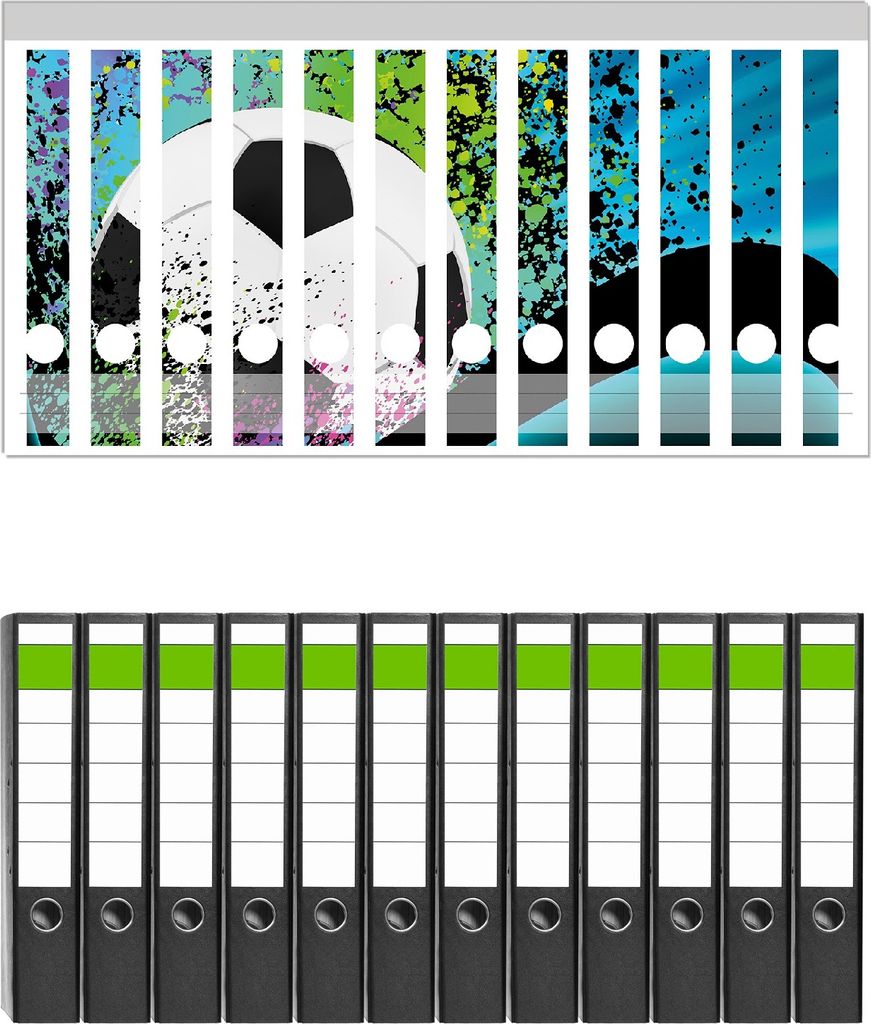 Wallario 12 Stück schmale Ordner inkl. Klebeetiketten mit Motive Fußball - Design Wellen und Regenbogen in blau - Set mit Rückenschildern / Ordn...