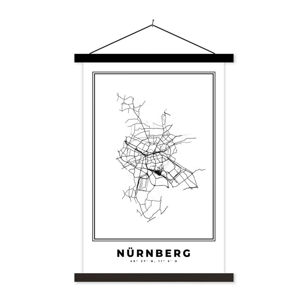 MuchoWow Textilposter Stadtplan - Schwarz-weiß - Karte - Nürnberg - Deutschland 120x180 cm mit schwarzem Rahmen - Fotos