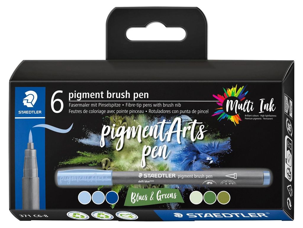 STAEDTLER Fasermaler pigment brush pen "Blues & Greens" 6 Stück im Kartonetui