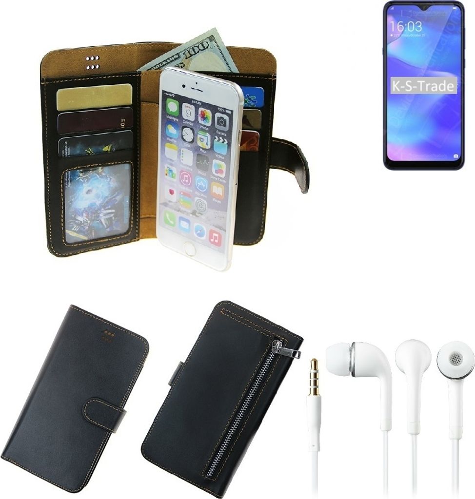 TOP SET Handy Hülle Schutz Hülle kompatibel mit HiSense Rock V schwarz aus Kunstleder + Kopfhörer Smartphone Tasche vollwertige Geldbörse