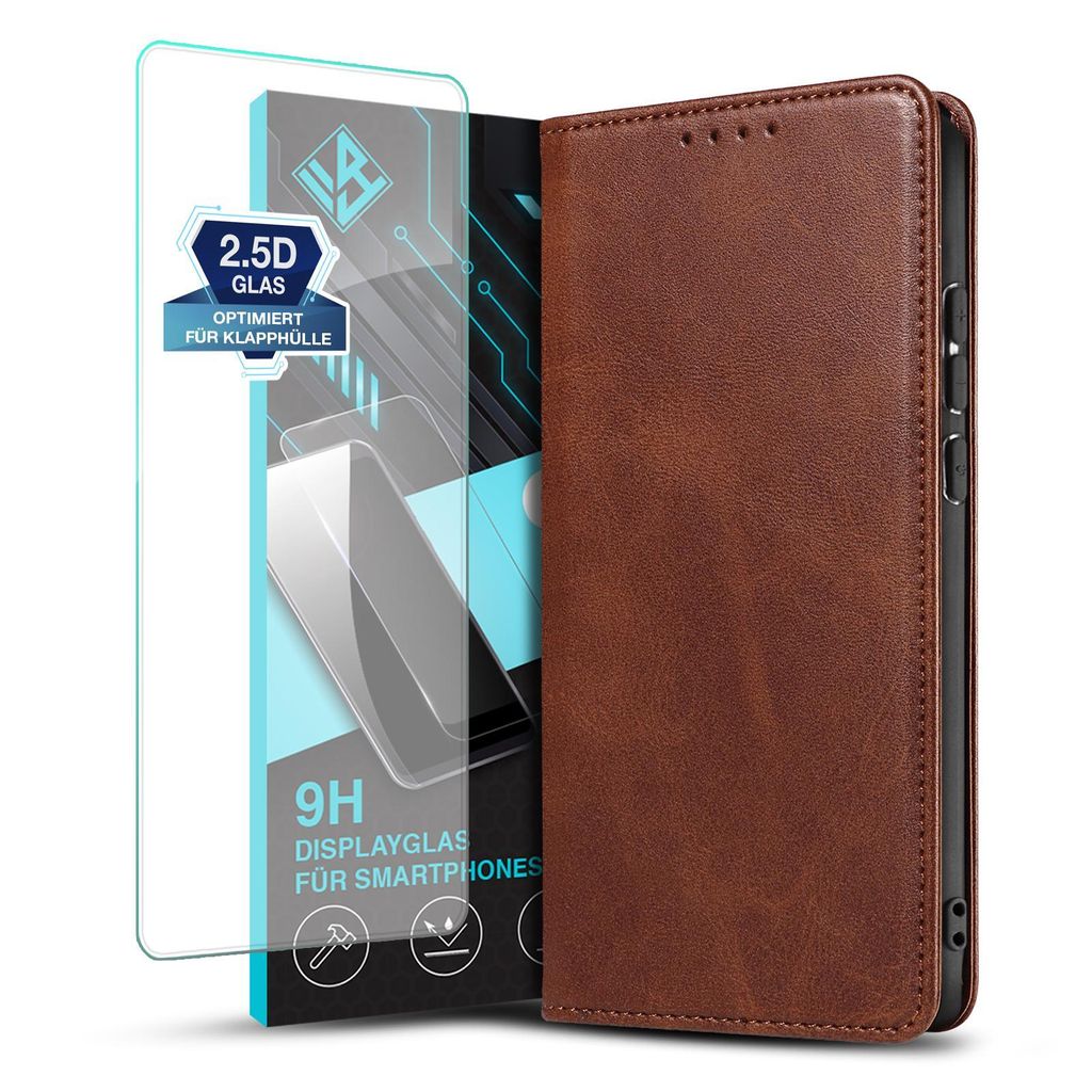 Handyhülle für Xiaomi Redmi Note 13 Pro mit 9H Displayglas Kunstleder Flip Cover Hülle Handytasche Case Kartenfach Farbe: Dunkelbraun