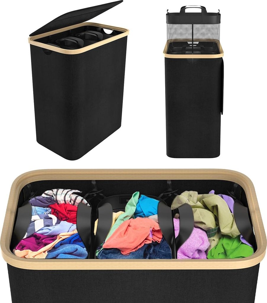 Collage of a black laundry basket with a wooden rim, shown from different angles, including one with laundry inside.