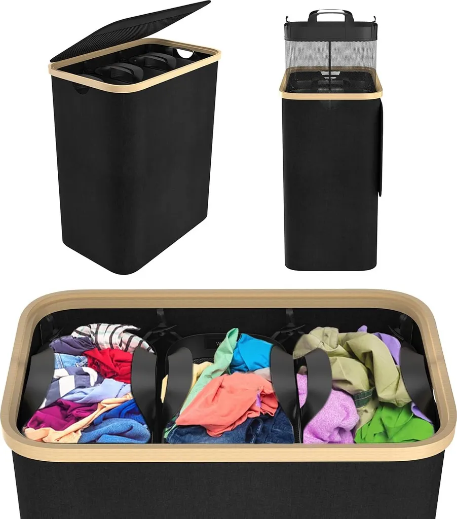 TRMLBE Panier à Linge avec Couvercle 140L et 3 Compartiments Noir