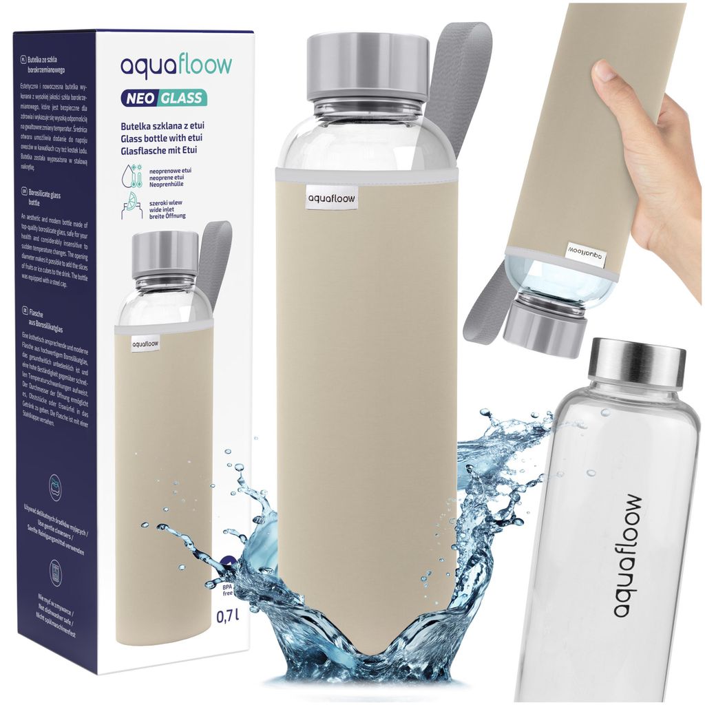 Aquafloow NeoGlass 700 ml Glasflasche für Wasser – Beige Neoprenhülle
