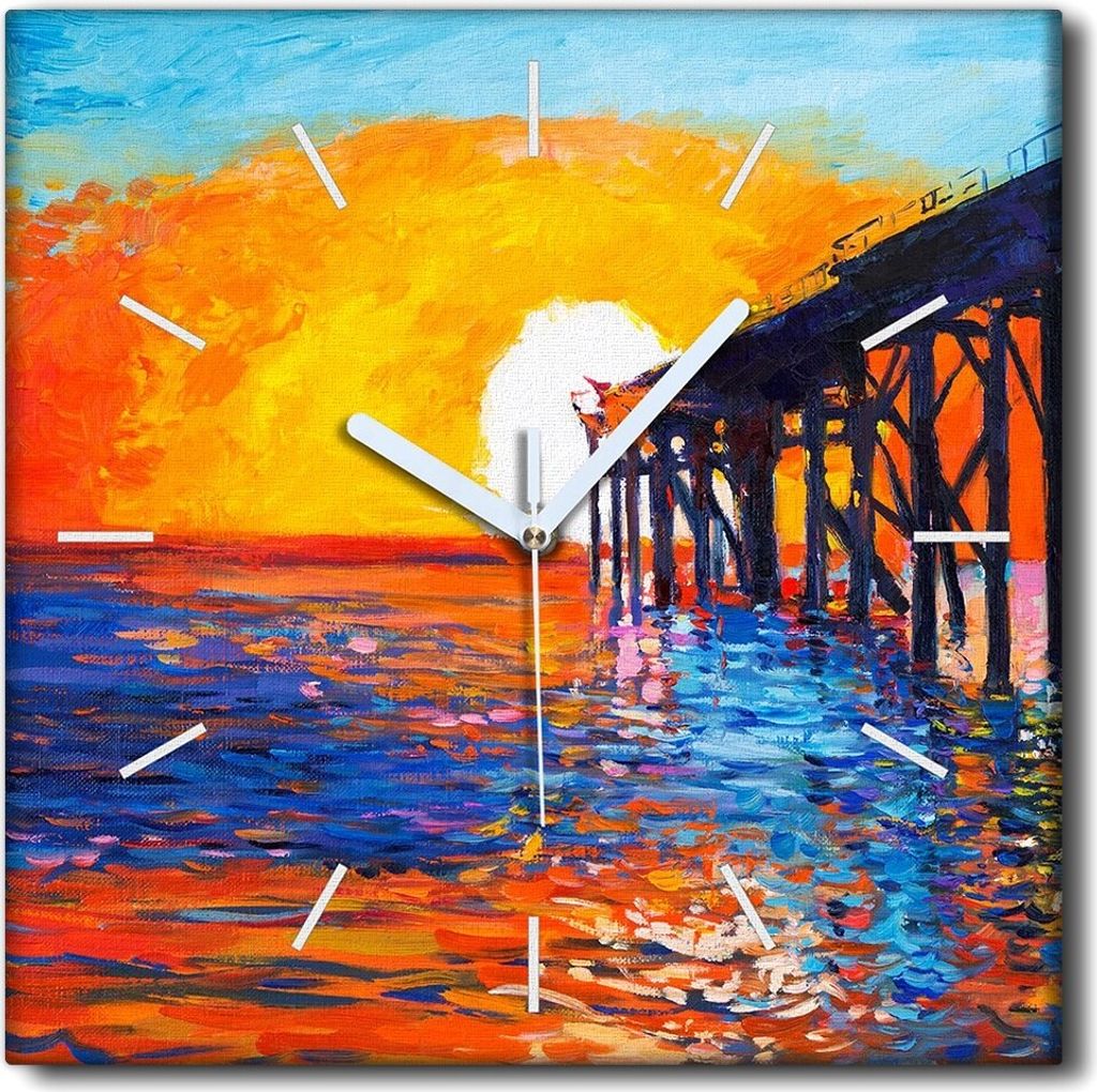 Coloray Uhr auf Leinwand 30x30 cm Wand Uhr Dekoration Wohnzimmer Segeltuch weiße Zeiger -Sunset Pier.