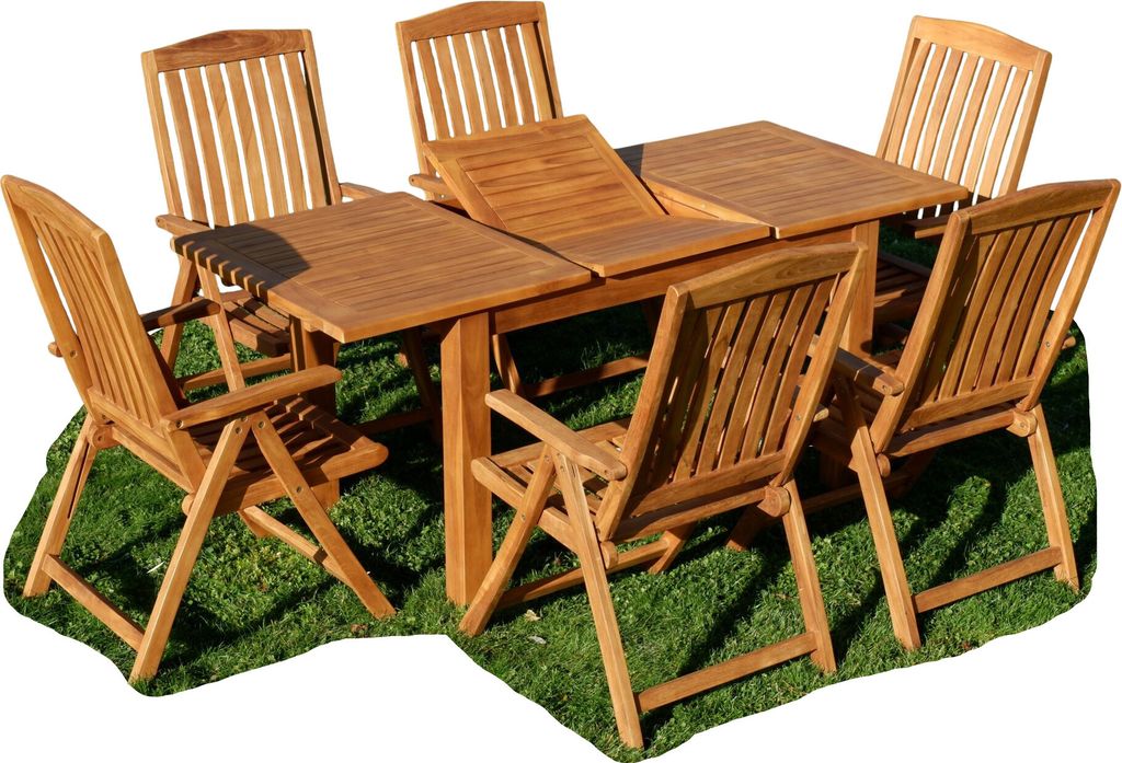 ALEOS. Teak Set Gartengarnitur Bigfuss Ausziehtisch 130-180 x 80 cm und 6 Tobago Hochlehner Stühle Sessel Gartenmöbelset