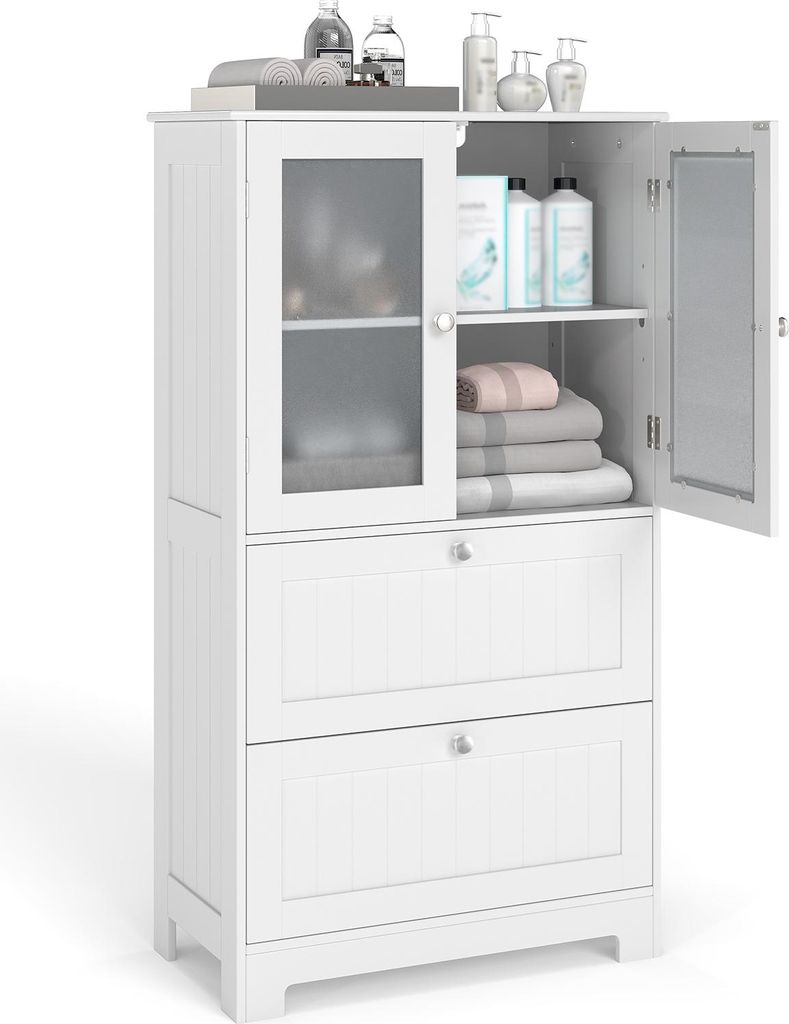 A white wooden bathroom cabinet with two drawers and two doors, one of which is open, revealing shelves with towels and bottles.