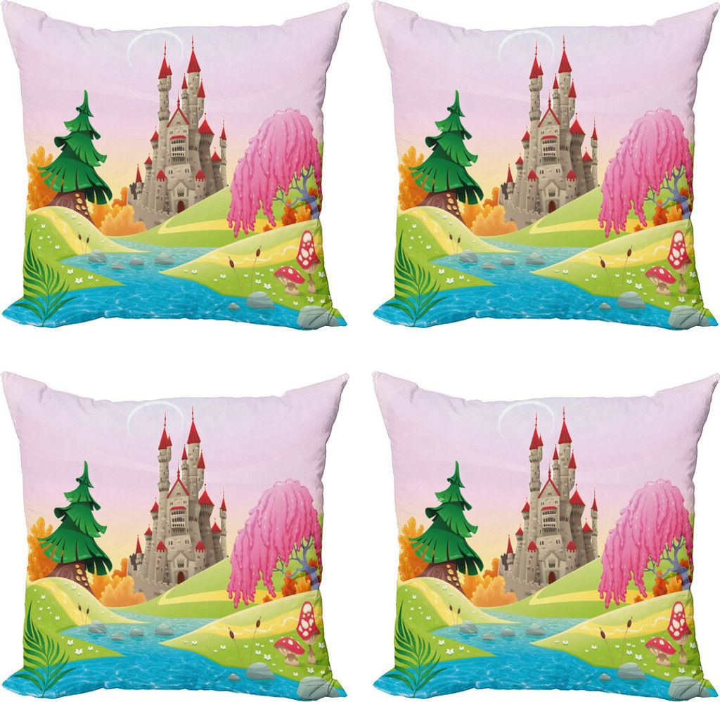 ABAKUHAUS Kindergarten Kissenbezug Set (4 Stück), Märchenschloss Wald, Moderner Doppelseitiger Digitaldruck, 50 cm x 50 cm, rosa-Grün