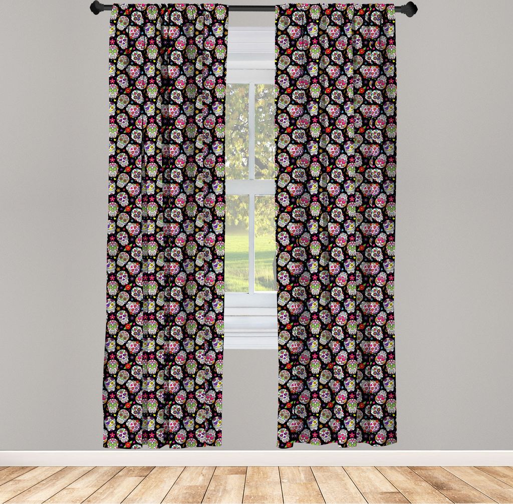 ABAKUHAUS Zuckerschädel Vorhänge, Gardinen, Allerseelen Tagesblumenbunte Schädel Blumen auf dunklem Hintergrund Druck, 2 Stück 75 x 245 cm, , M...