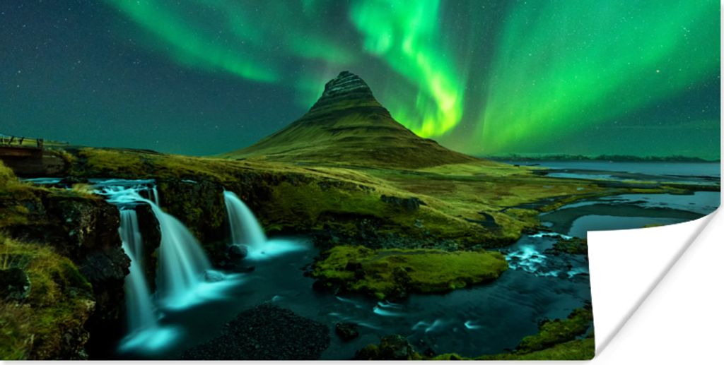 MuchoWow Poster Nordlichter - Wasserfall - Berg - Island 40x20 cm - Poster für die Wand - Poster Schlafzimmer