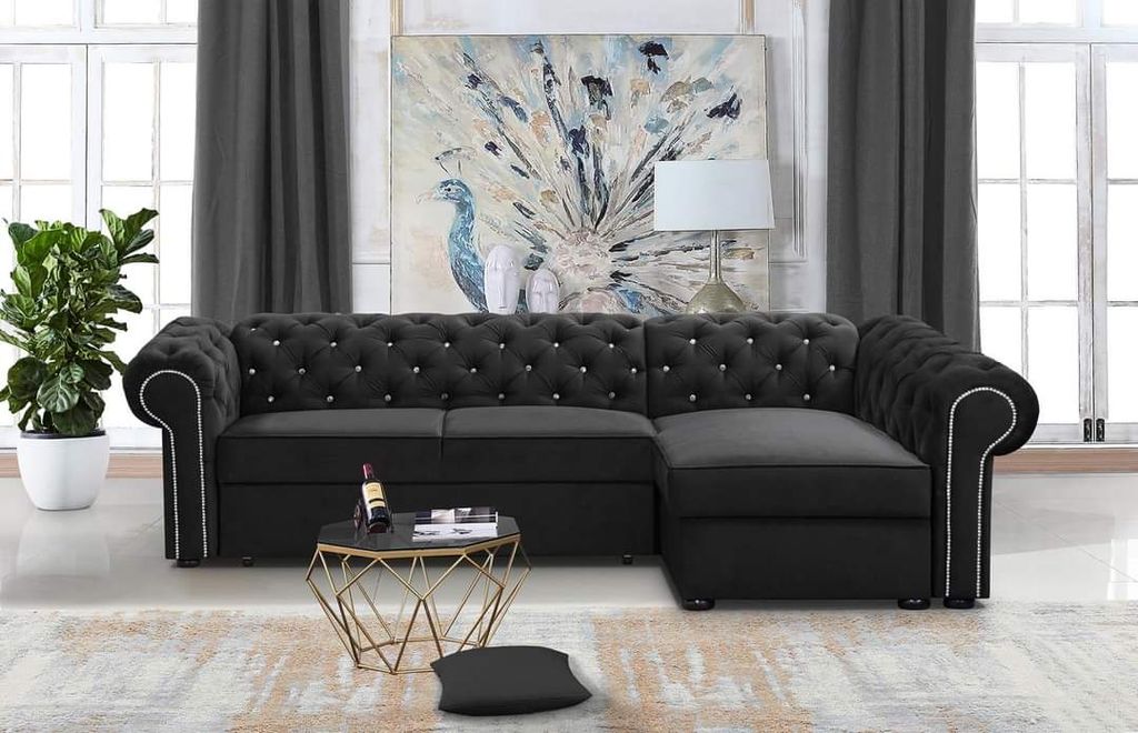 Schwarz Ecksofa L Farbe Schwarz Kronos 7 Chesterfield Glamourös Wohnzimmer Ecksofa mit schlaffunktion Polstersofa mit Kristallen