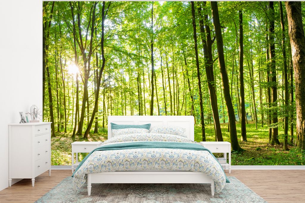 MuchoWow Fototapete für Wohnzimmer oder Schlafzimmer Wandtapete Vinyl Motivtapete Natur - Bäume - Wald - Grün - Sonnenlicht - 295x220 cm - Wan...