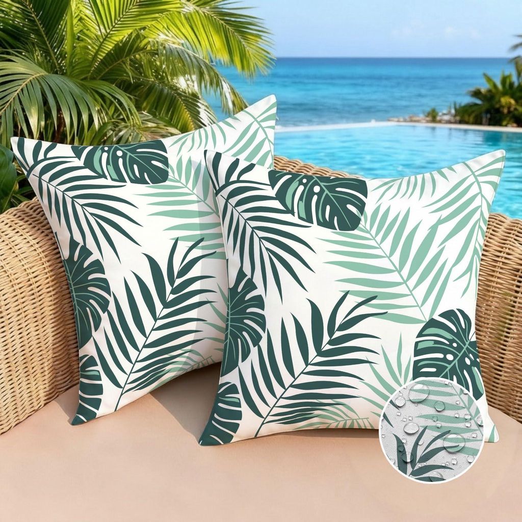 Set mit 2 wasserdichten Kissenbezügen (40 x 40 cm) mit grünen Palmenblättern für Sofakissen. Dekorative, moderne Kissenbezüge für Wohnzimmer ...