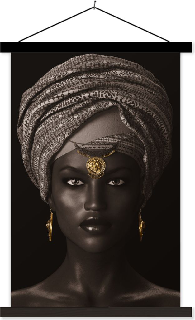 MuchoWow Textilposter Frau - Afrikanisch - Gold 60x90 cm mit schwarzem Rahmen - Poster Wohnzimmer