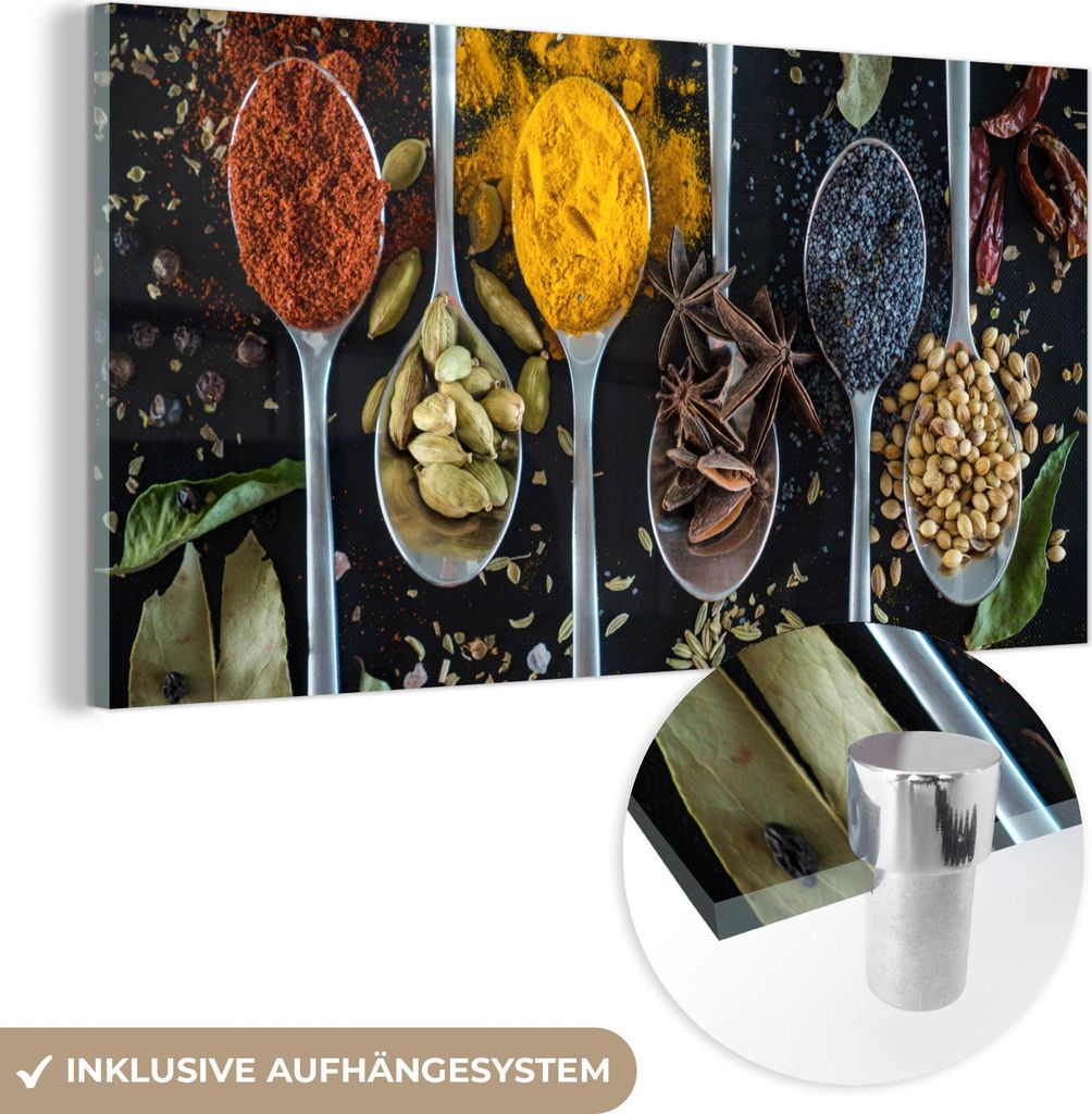 MuchoWow Glasbilder - Bilder auf Wandbild - Foto auf Glas Löffel - Gewürze - Kräuter - Essen - Tisch 80x40 cm Wanddekoration aus Glas - Acrylgla...