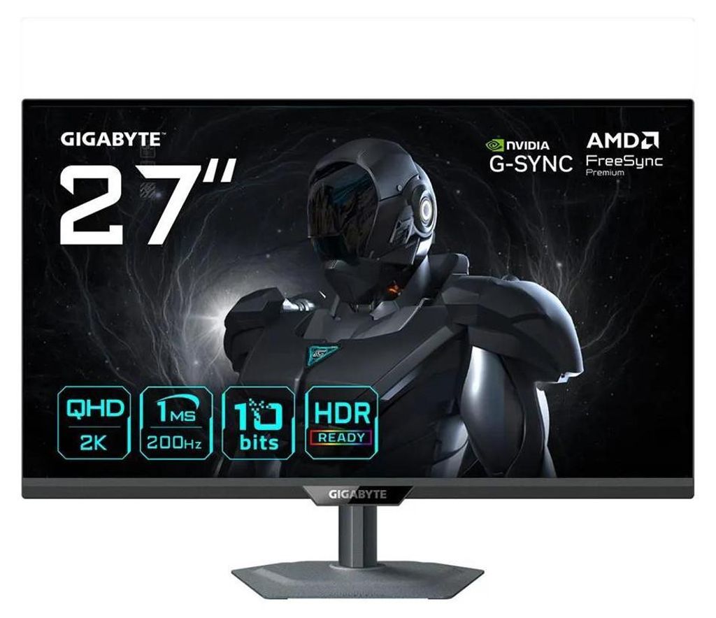 A marketing image for a Gigabyte 27-inch gaming monitor, featuring a futuristic robot graphic and key specifications.