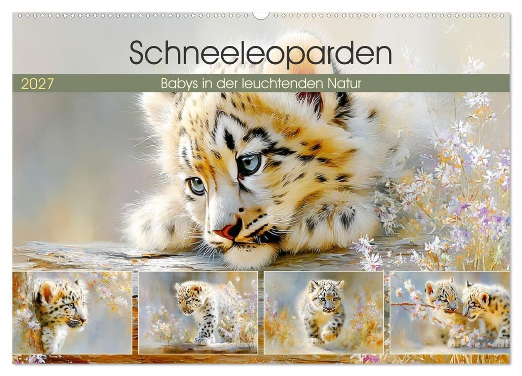 Schneeleoparden. Babys in der leuchtenden Natur (Wandkalender 2027 DIN A2 quer), CALVENDO Monatskalender