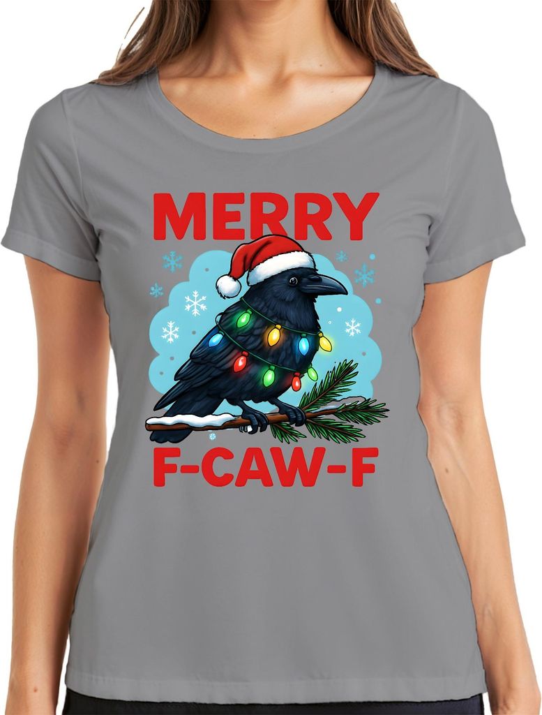 MERRY F-CAW-F Rabe Krähe Lichterkette Weihnachten Spruch lustig Damen T-Shirt, Grau, S