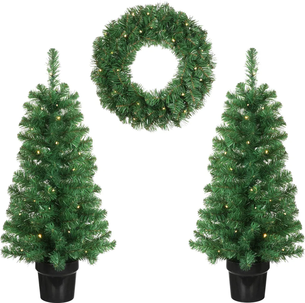 Pack décoration Noël : 2 mini sapins artificiels et couronne LED